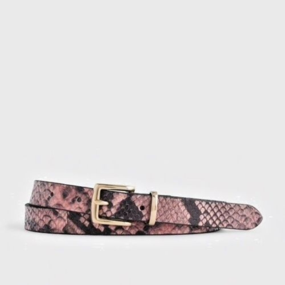 J. Crew Leather Belt Snakeskin Print Black Pink